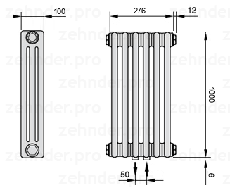 Схема (чертеж) Радиатор Zehnder Charleston 3100/6 №5410 Белый глянцевый RAL 9016